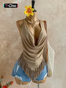 1-Piece Spring & Summer Khaki Fringe Halter Top Womenswear - Deep V Open Back Boho Bohemian Cowgirl Style for Music Festivals and Vacation Outings Casual Boho Sleeveless