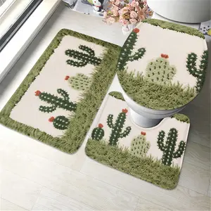 3pcs Cactus Theme Bathroom Mat Set, Bath Rug Decor, Suitable for Kitchen, Bedroom, Entryway, Includes Bathtub Mat, Contour Mat, Toilet Lid Cover