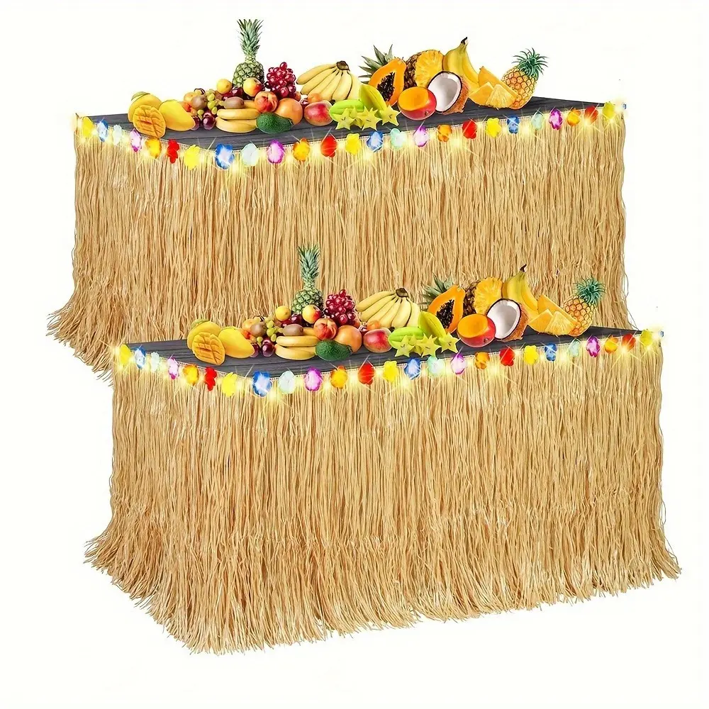 3pcs Hawaiian Tropical Table Wraps with Colorful Artificial Flowers & Straw-Colored Tassels - Durable Plastic Beach Wedding & Summer Birthday Party Decor, Party Decoration Supplies, Festive Table Skirt for Themed Events, Hawaiian Party Decorations