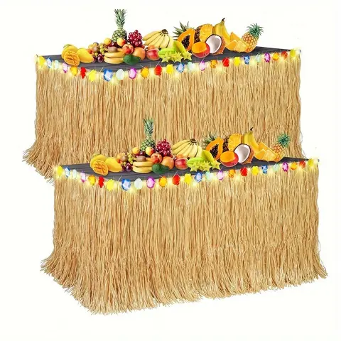 3pcs Hawaiian Tropical Table Wraps with Colorful Artificial Flowers & Straw-Colored Tassels - Durable Plastic Beach Wedding & Summer Birthday Party Decor, Party Decoration Supplies, Festive Table Skirt for Themed Events, Hawaiian Party Decorations