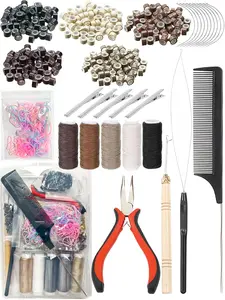 Hair Extension Kit with Silicone Nano Beads, Microlink Tool Set, Hair Clips, Sewing Thread, Hooks, Comb, Rubber Bands