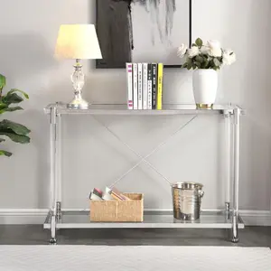 43.31'' Chrome Glass Sofa Table, Acrylic Side Table, Console Table for Living Room& Bedroom -W821P184417