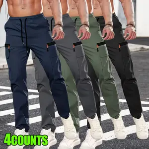 Men's Loose Overalls, Stretch Drawstring Belt, Multiple Pockets, Regular Edition Work Pants for All Seasons - Solid Outdoor Work Pants, 100% Polyester, Machine Washable