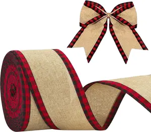Buffalo Plaid Wired Edge Ribbons, Christmas Burlap Fabric Ribbon Roll with Checkered Edge, 2.5" x 11 Yds Burlap Ribbon for Christmas Party Decor, Gift Wrapping(Red + Black)