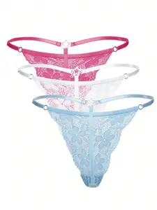 Women's Lace Thong Panties Set, Comfortable Soft Fit Panty Daily Everyday Underwear, Star Rhinestone Decor, Solid Color, Sexy Lingerie, 3 Pieces Pack