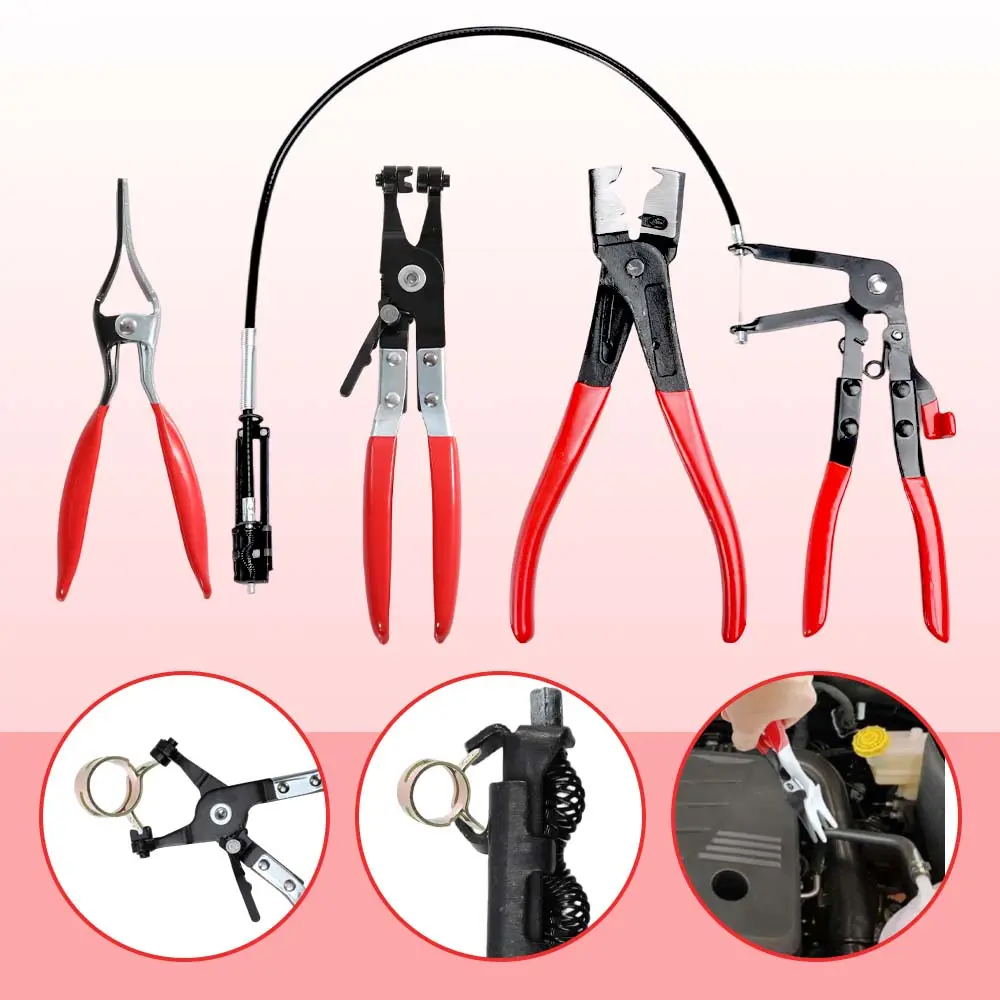 4 piece Hose Clamp Pliers Automotive Tools Long Reach Wire Spring Plier Flexible Hose Clamp Plier for Automotive Fuel Oil Water Hose, Coolant Radiator Heater