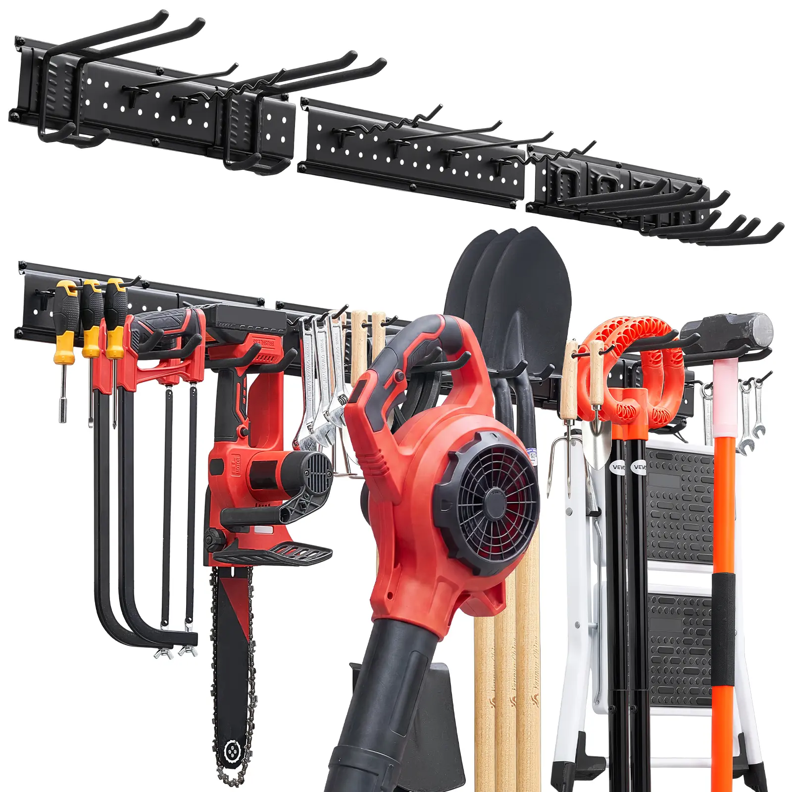 VEVOR Garage Tool Organizer 49.5 Inch 600 lbs Wall Mount Garden Tool Rack, Heavy Duty Garage Hanging Storage Rack Organization with 3 Rails and 12 Adjustable Hooks, for Yard Tools, Shovel, Rake, Shed