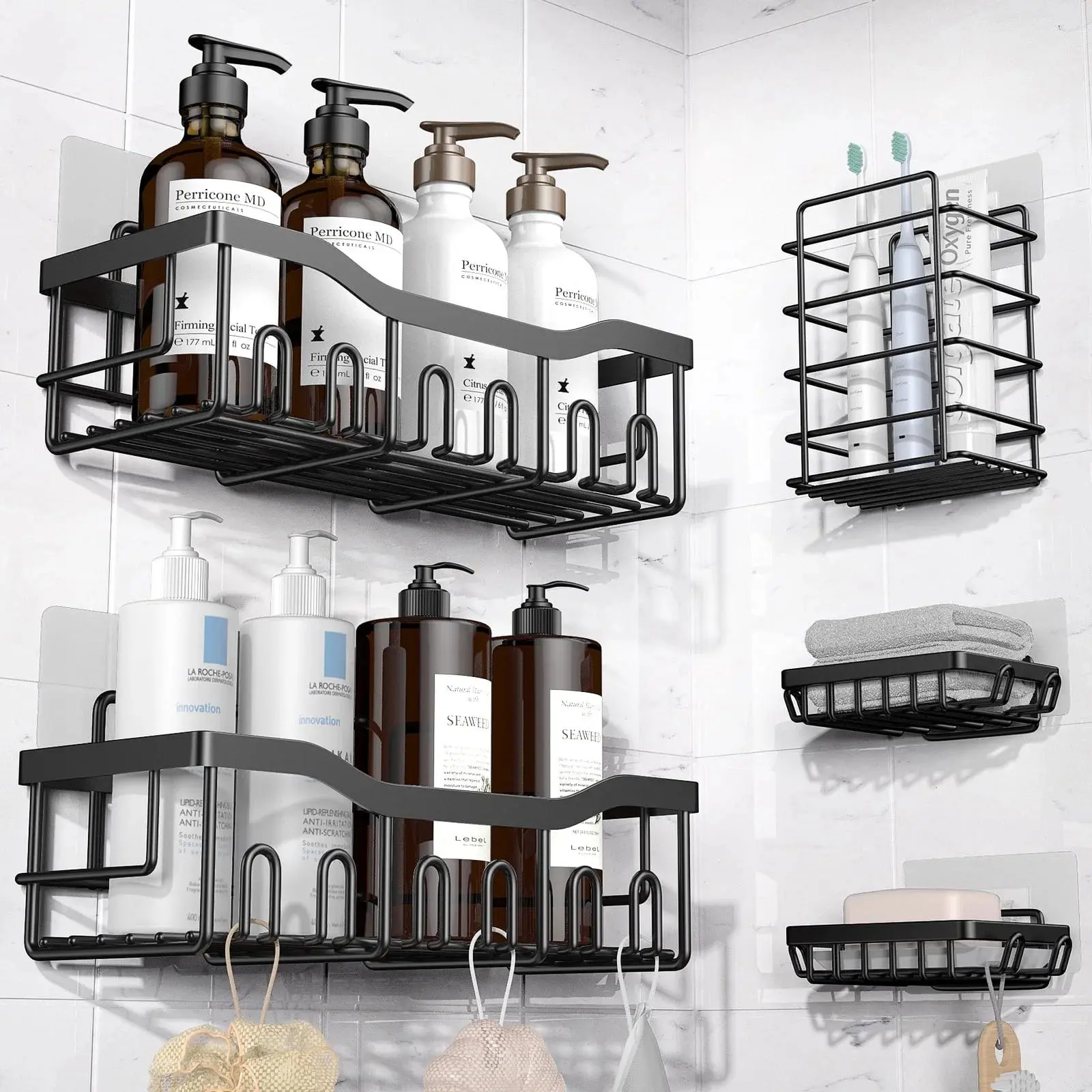 AirExpect 5-Pack SUS304 Stainless Steel Shower Caddy Set - Adhesive No-Drilling Hollow Transparent Mount, Durable Waterproof Bathroom Organizer with Smooth Rustproof Shelves for Cleaning Supplies, Soap, Toothbrush