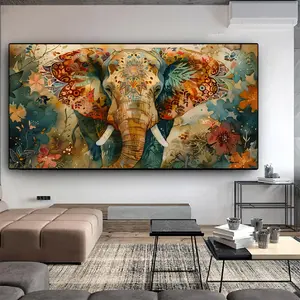 Elephant Pattern Unframed Painting, Floral Pattern Canvas Wall Art, Wall Decor for Home Living Room Bedroom, Home Decor, Ornaments