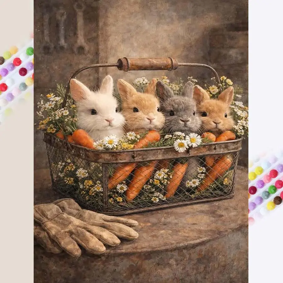 5D DIY Full Drill Round Diamond Painting - Diamond Painting Kit Rabbit Basket Mosaic Canvas DIY Wall Art, Home Wall Decoration