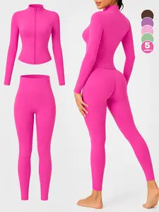 Women’s Seamless 2-Piece Yoga Set - Ice-Cool Buttery Soft Zip-Up Long Jacket & High-Waist No-Seam Leggings, Lightweight Sculpting Compression Workout Sets Women, 4-Way Stretch Quick-Dry Womens Fitness Activewear for Gym, Pilates