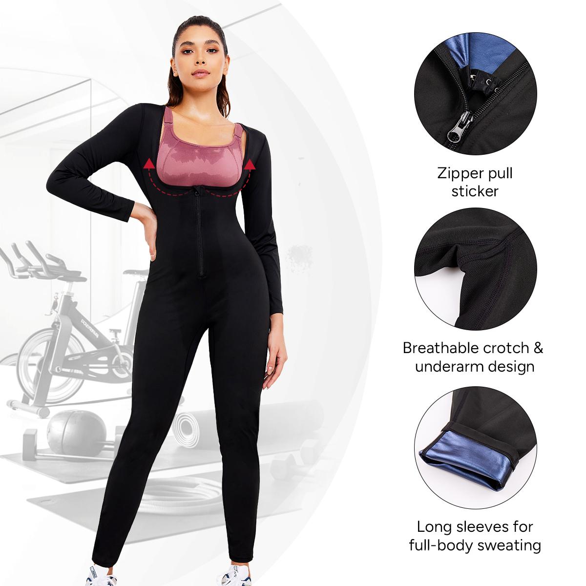 Nebility Women's Coated Athletic Zipper Workout Sweat Sauna Jumpsuit Stylish Activewear Workout Apparel Sporty Comfy Jumpsuit Tummy Control Jumpsuit Sauna Sports Jumpsuit Sports Outfits Stylish Activewear