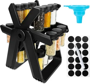 Rotating Ferris Wheel Spice Rack Set, Equipped With 18 Glass Spice Cans, Complete With Funnel Labels, Kitchen Seasoning Manager