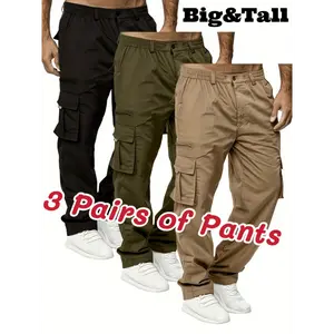 Men's 3pcs Baggy Cargo Pants - 100% Poly Woven Fabric, Multipocket, Regular & Plus Sizes, All Seasons, Comfortable, Casual Outdoor & Workwear, Machine Washable, Solid Colors (Black, Olive Green, Beige),summervibes, Cargo Men's Pants