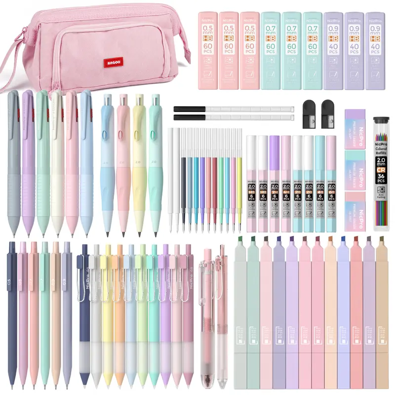 Nicpro Aesthetic Office Supplies Set - Cute Pastels, Cute Pencil Pouch, Highlighting Tools, 12+12 Pieces Gel Pens & Refills, 10 Pcs Mechanical Pencil, Ballpoint Pen, Back to School/Christmas Gifts for Students
