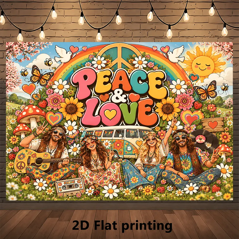 Peace and Love Boho Festival Backdrop, Vintage Hippie Fashion Warm Floral Van Rainbow Photography Background for Friends Reunion Photos