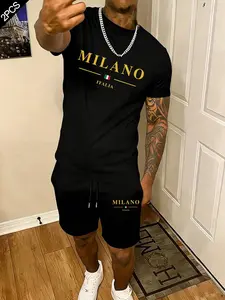 Men's Milan Italy Letter Print Tee and Shorts Set, Casual Comfortable, Perfect for Daily Leisure Activities