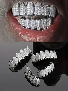 1PC/2PCS/SET Golden Plated Cubic Zircon Grillz Teeth 10 Teeth Top Bottom Grills Iced Out Mouth Punk Tooth Braces Cosplay Rapper Jewelry Unisex