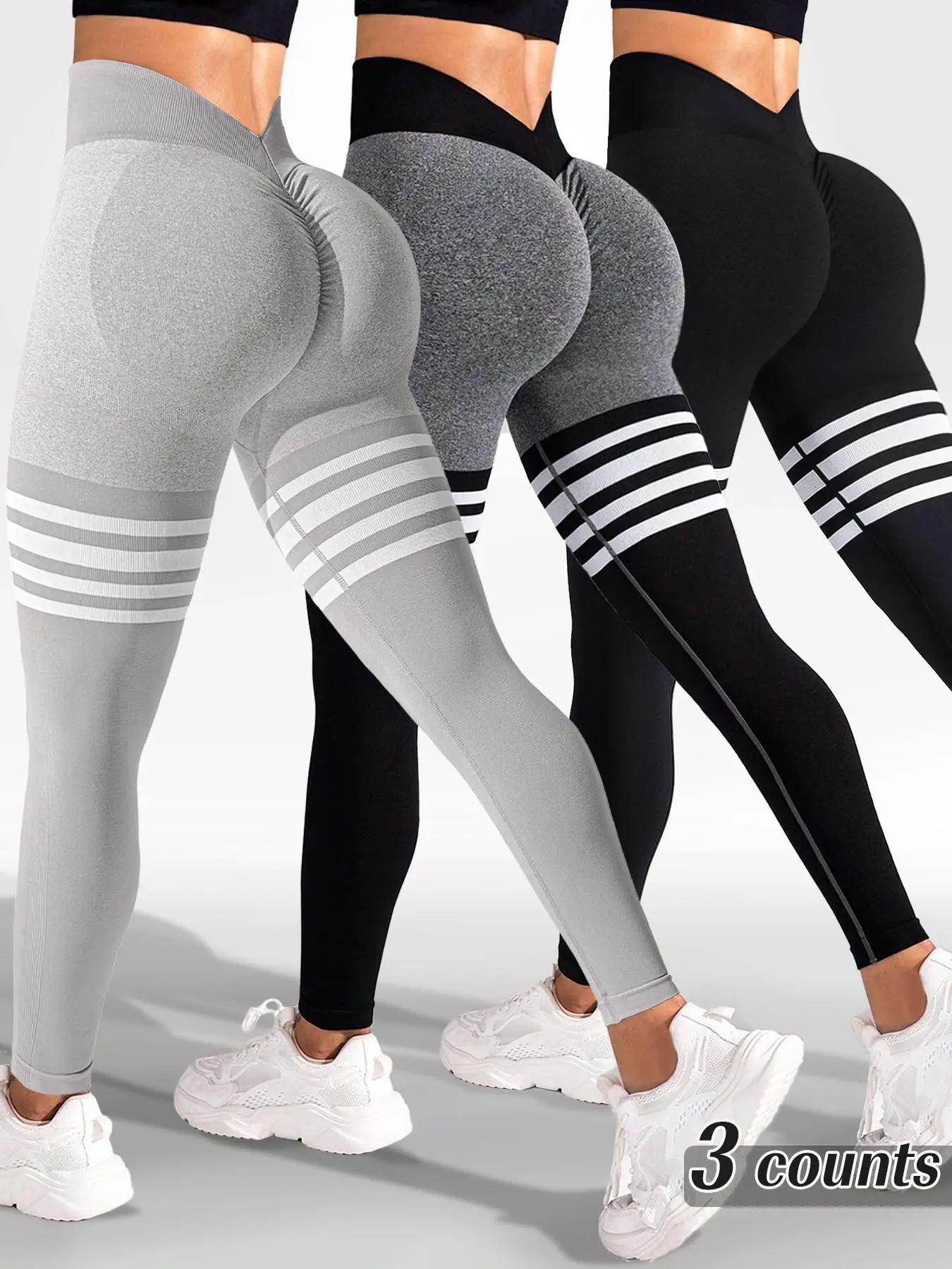 Sporty Women's Striped Print Ruched V-Waist Back Sports Leggings, High Stretch Seamless Yoga Leggings, Ladies Sportswear for Indoor Outdoor Wear