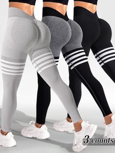 sporty women's striped print ruched v-waist back sports leggings, high stretch seamless yoga leggings, ladies sportswear for indoor outdoor wear, tummy control, women workout clothes, tummy control leggings, legging pants