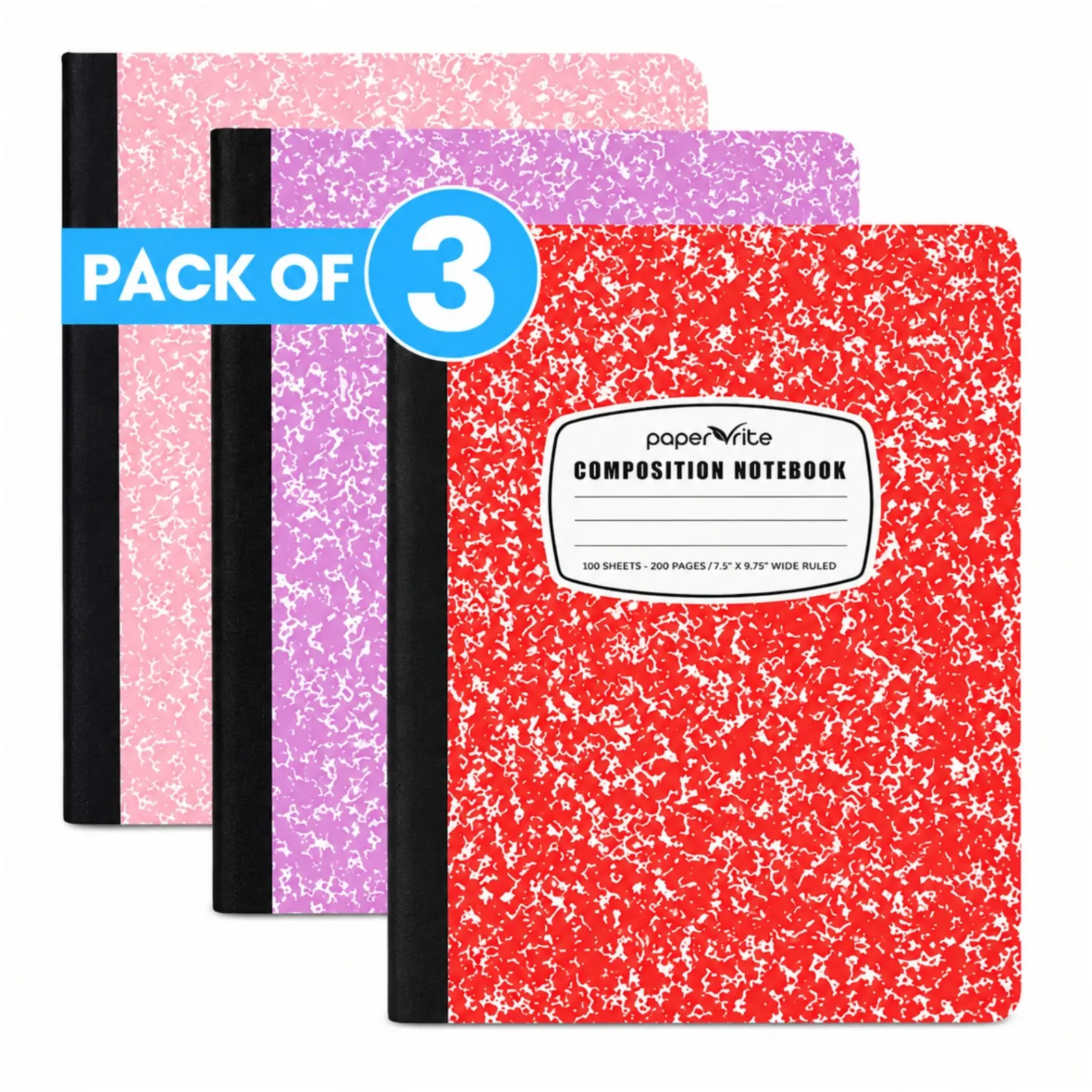 Paper Rite Assorted Marble Composition Notebook Wide Ruled (9.75x7.5 in), 100 Sheets | 200 Pages | For School, Office, Students, Teachers (3, Pink-Red-Lightpink)
