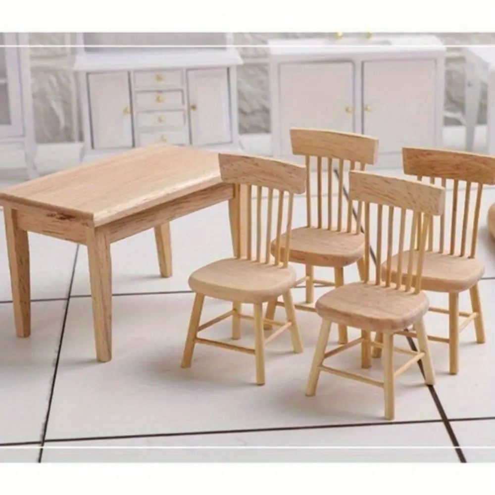 5pcs Dollhouse Dining Table Chair DIY Miniature Kit Kitchen Furniture Clear Paint Rocking Camp Chairs for Adults Wood Furniture Mini House Furniture Wooden Puppet