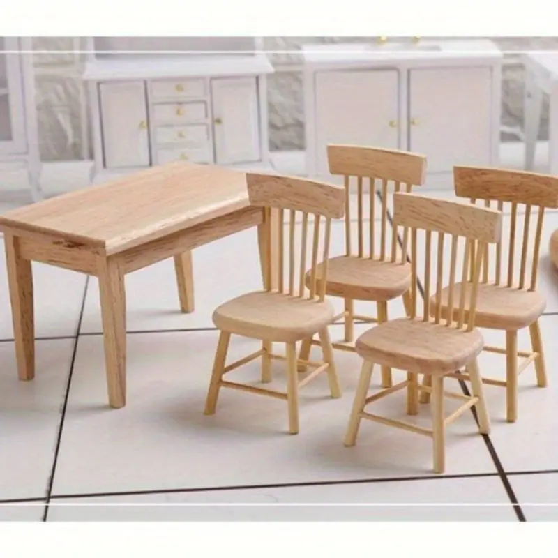 5pcs Durable Non-Toxic DIY Miniature Doll House Dining Table & Chair Kit, Wooden Kitchen Furniture for Adult Role Play Crafts (Clear Paint Rocking Camp Chairs Included)