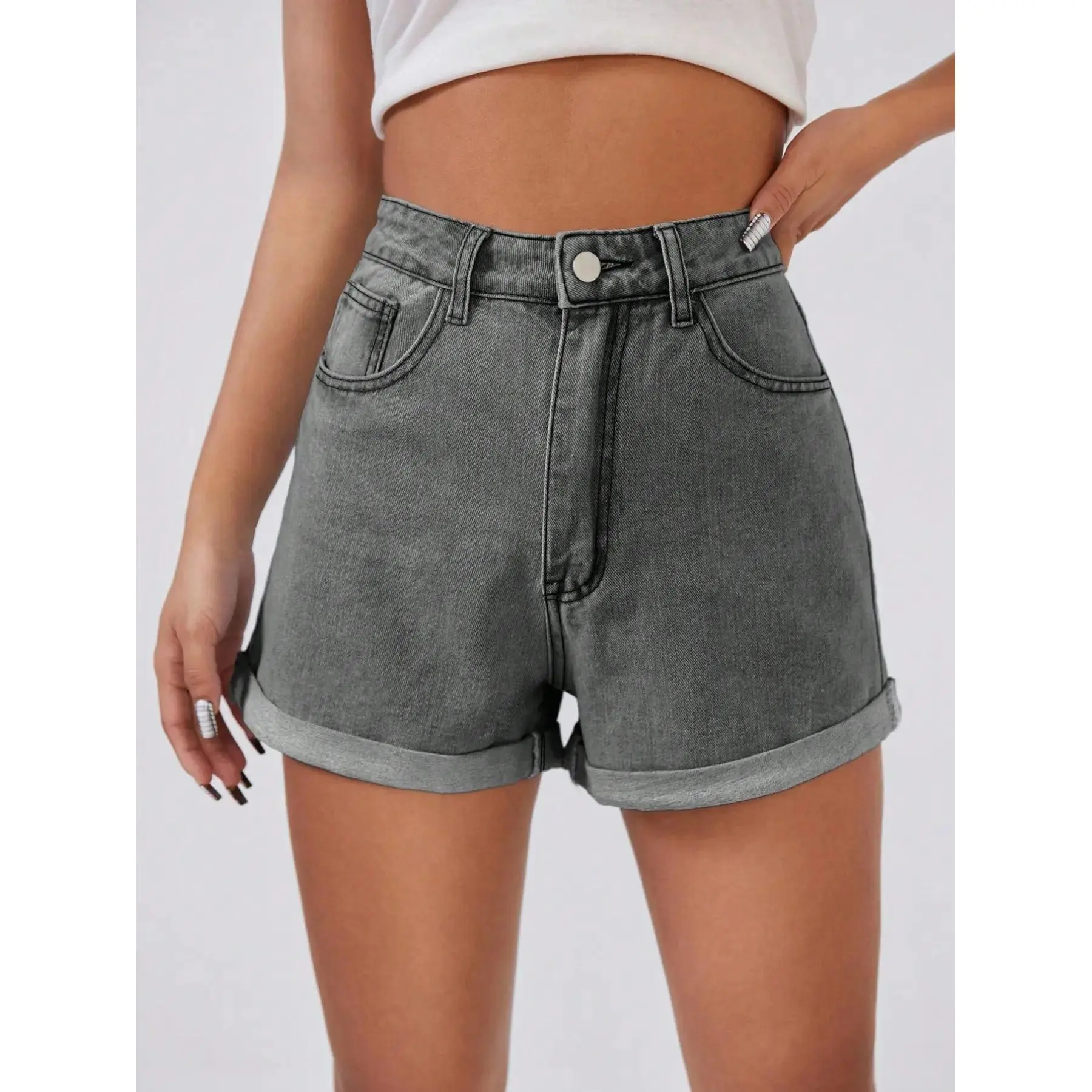 American Retro Hot Girl High-Waisted Rolled Hem Denim Shorts, Slimming Leg-Lengthening, Casual Style, Solid Pattern, Women's Fashion2331123
