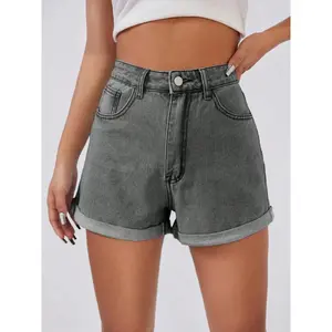 American Retro Hot Girl High-Waisted Rolled Hem Denim Shorts, Slimming Leg-Lengthening, Casual Style, Solid Pattern, Women's Fashion2331123