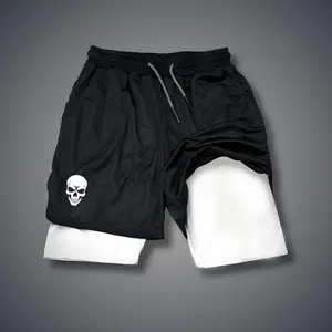 Premium Skeleton Icon Double-Layer Sports Shorts for Men - Black Camo Streetwear Outfits with Ultimate Breathability & Secure Fit