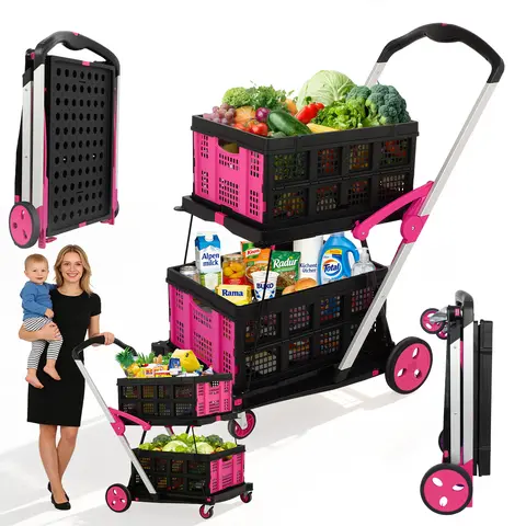 OCPTY 2-Layer Collapsible Utility Cart with Wheels,Heavy Duty Folding Wagon for Grocery Shopping, Garden & Office, Multi-Functional Rolling Storage Trolley, Multiple Colors
