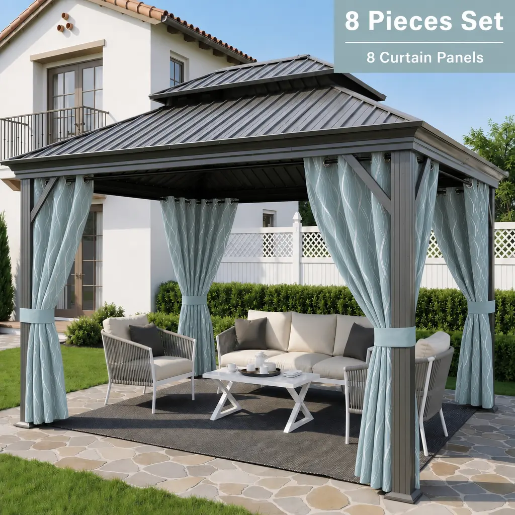 8 Panels,Outdoor Gazebo Curtains,Blackout, Waterproof,  Light Green, Silver Wave Embroidery, Double Layer, Thermal Insulated, Weather Resistant, Privacy Pergola Side Curtains, for Patio, Backyard, Porch, Cabana
