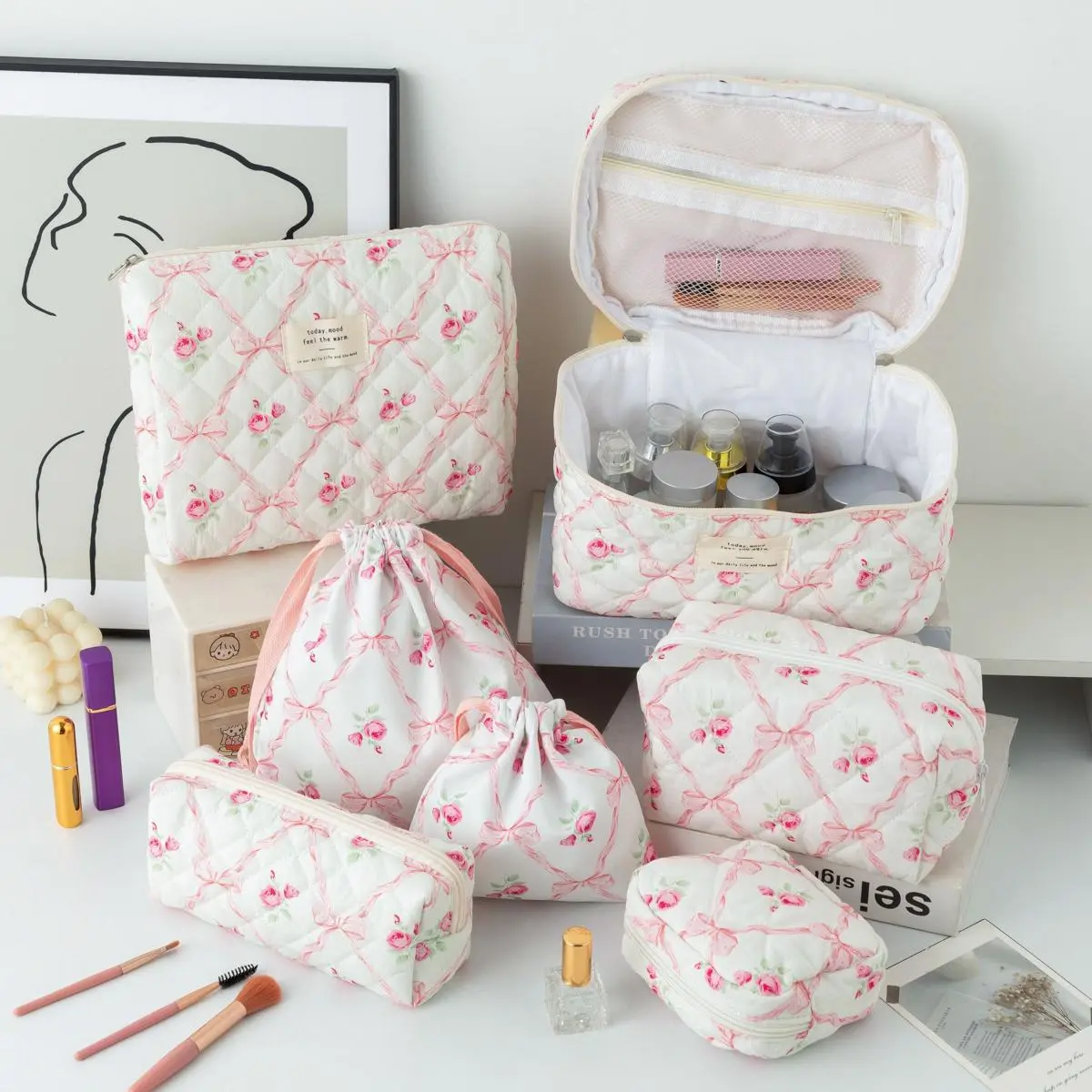 Floral Pattern Makeup Bag Set, 7 Counts/set Large Capacity Travel Cosmetic Storage Bag, Zipper Makeup Organizer Pouch for Travel, Gym, Office, Home, Travel Essentials, Travel Cosmetic Bags, Travel Makeup Bags Organizers