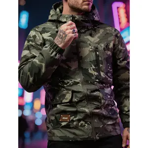 Men's camouflage waterproof outdoor zipper hooded sleeveless jacket with ropes, regular fit casual style waterproof coat with pockets, men's spring and autumn casual coat, men's autumn and winter clothing jacket