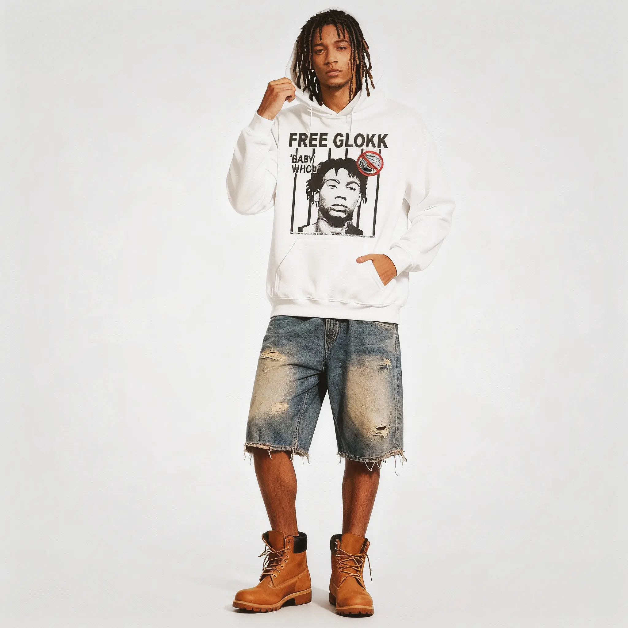 Free Glokk Hoodie - White Graphic Streetwear with Drawstring & Kangaroo Pocket for Hip Hop Fans Y2K Street Rap Style Soft Cotton-Polyester Blend Casual Fitted Long Sleeve Concert Wear