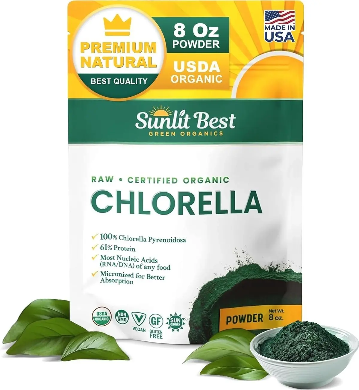 Sunlit Best Chlorella Powder Organic USDA, Green Algae Chlorella Powder, Broken Cell Wall Chlorellas, Raw Vegan Protein Chlorophyll - Non GMO, Gluten Free Superfood, Immune Support Supplement, 8 oz