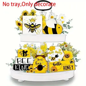 Bee Themed Tiered Tray Decorations, 1 Set Wooden Tiered Tray Decorations, Home Decor for Living Room Bedroom, Party Decorations, Ornaments
