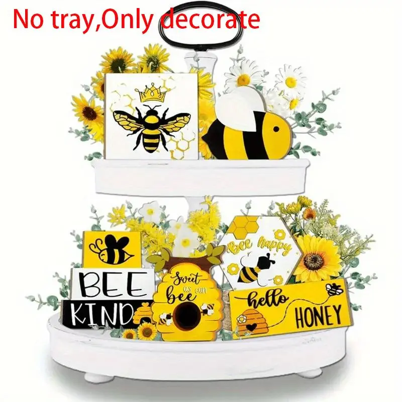 Bee Themed Tiered Tray Decorations, 1 Set Wooden Tiered Tray Decorations, Home Decor for Living Room Bedroom, Party Decorations, Ornaments