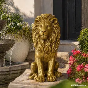 24" Arch Lion Resin Statue, Outdoor Guardian Sculpture, Simulated Animal Decor for Garden, Patio, Patriotic Independence Day Home Ornament