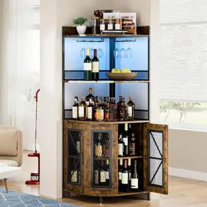 Lndustrial Corner Bar Cabinet with Power Outlet & LED Lights – 5-Tier Liquor Cabinet, Wine Storage, Coffee Bar & Display Shelf for Home Bar, Living Room, or Kitchen – Sturdy Wood & Metal Design