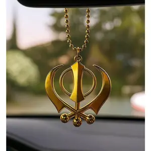 Steel Finish Golden and Silver Khanda Car Hanging Accessory with Beads Chain Punjabi Sikh Car Decor Accessory Sikh Decor for Car 3.2 Inch Wide (Golden)