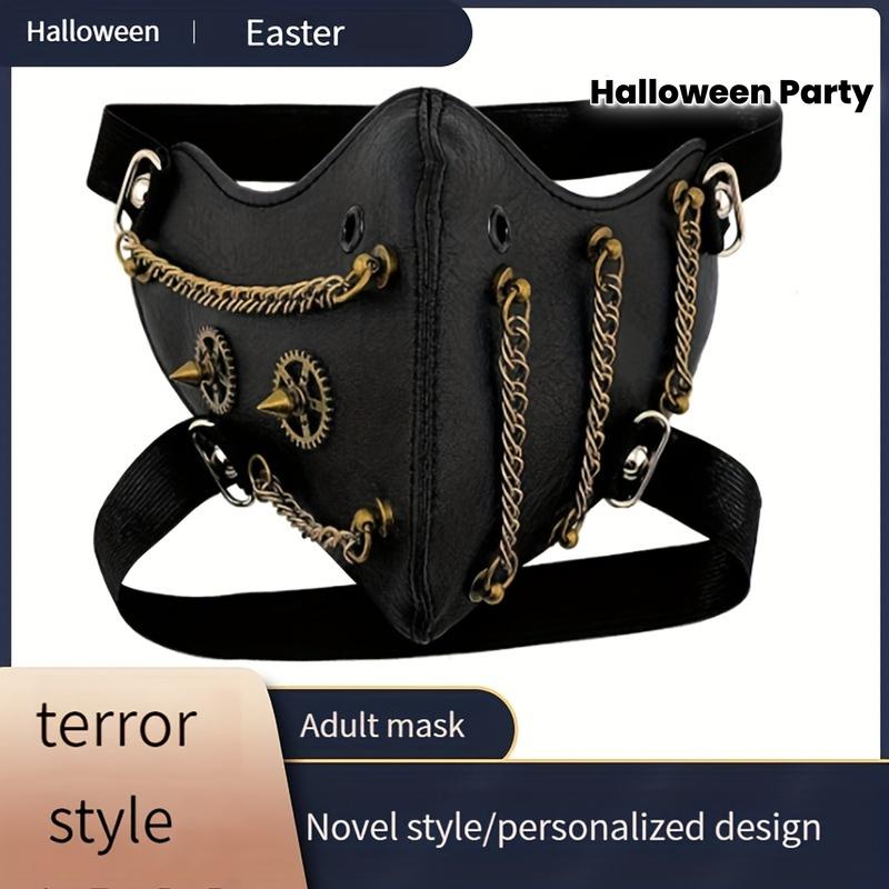 Cyberpunk and Steampunk Style Adult Faux Leather Mask with Gold Chain - Fashionable, Avant-garde Halloween Party Accessory, Adjustable Shoulder Strap, Design Options, Halloween Costume