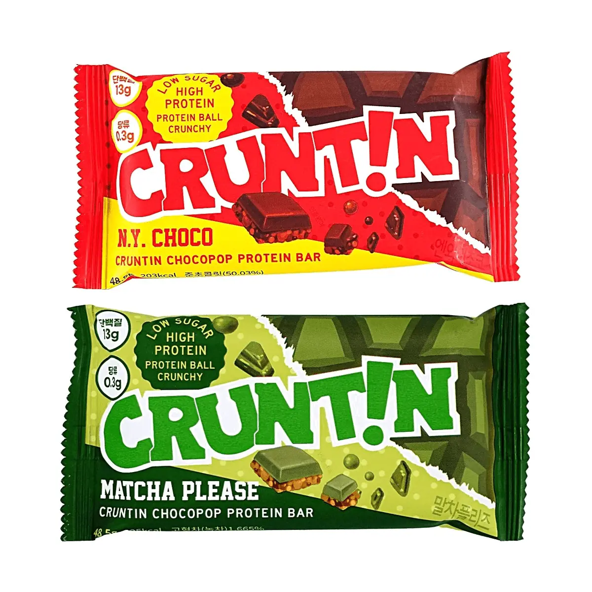 CRUNTIN Korean Matcha & New York Chocolate Protein Bar Combo Pack - Low Sugar, High Protein, Meal Replacement, 48.5g x 2 Servings, Olive Young