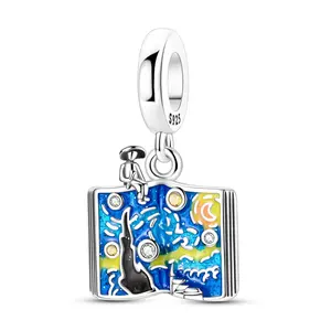 MULA Book of the Starry Night Pendant – 925 Silver-plated, Enamel, and Cubic Zirconia | Compatible with Pandora bracelets and necklaces | Artistic gift for women and girls, Starry Night Jewelry