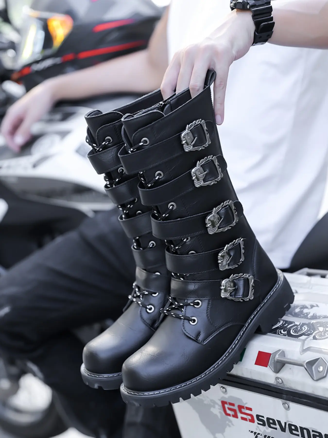Men's Round Toe Low Heel Comfort Fashion Belt Buckle Decorative Classic Vintage Motorcycle Boots, Goth Boots, Stylish Casual Shoes for Men, Patron Boots