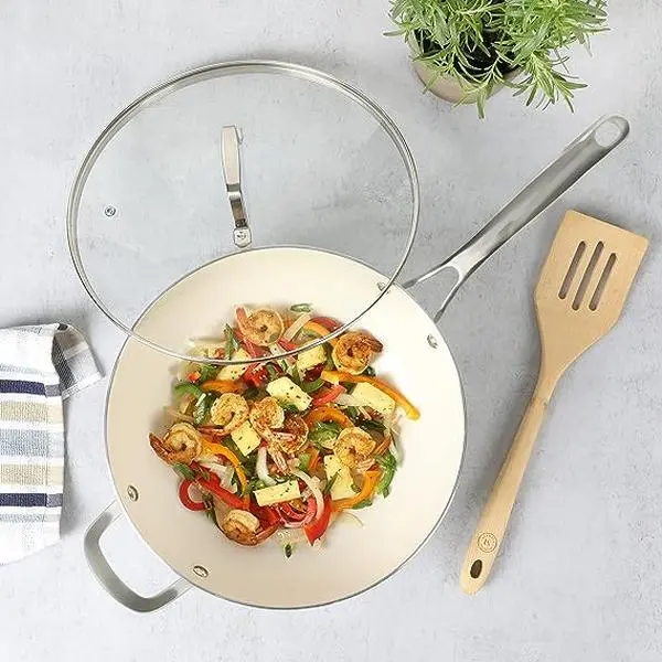 Martha Stewart Lockton 12" Essential Multipurpose Heavy Gauge Aluminum Frypan/Wok Pan w/PFA Free Premium Ceramic Nonstick Interior - Martha Blue