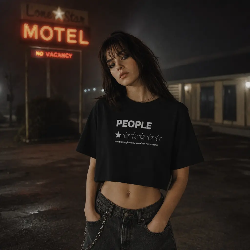 Women's Sarcastic 1-Star Rating Graphic Print Crop Top - Short Sleeve Crewneck Tshirt, Soft Cotton, Short Hem, Machine Wash, Funny "Absolute Nightmare Would Not Recommend" Humor Gift for Her, Fading Resistant