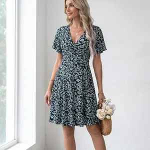 Elegant Ditsy Floral V-Neck Mini Dress for Women, Ruched Waist Flowy Ruffle Sleeve Dress, Perfect Mother's Day Gift & Vacation Outfit