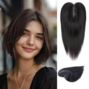 Vasilia Hair Toppers for Women Real Human Hair Stright Hair Toppers for Women with Thinning Hair Toppers Hair Pieces for Women Silk Base Clip in Human Hair Toppers for Thin Hair 10/12/14inch for Wide parting&Partial hairloss&Cover grayhair Mother's Day