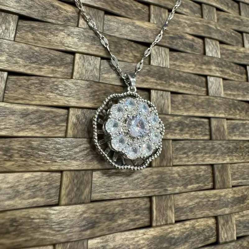 AlexisLeaCollection Silver Spinning Dahlia Blossom Necklace with Cubic Zirconia – Anxiety Relief Jewelry, Fidget Necklace for Anxiety Relief Jewelry